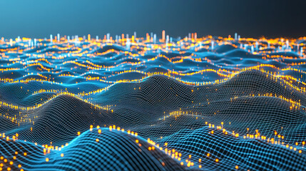 Digital Wave Landscape with Glowing Nodes and Connections