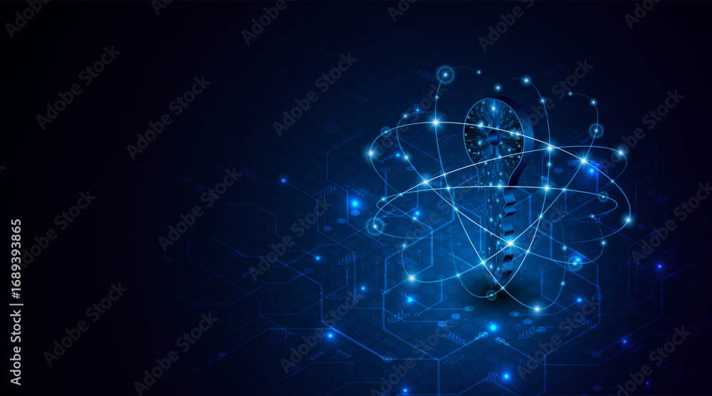 Poster technology circuit board key icon. cyber ​​data security and privacy concept. modern technology inno