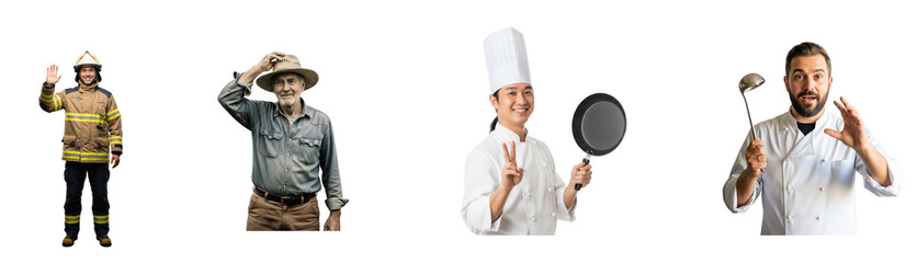 Four people in different professions: firefighter, farmer, chef, and baker.