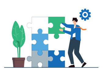 Flat illustration of person assembling puzzle pieces into new shape representing restructuring and adaptation in career