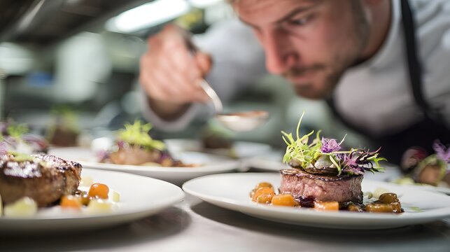 Culinary Mastery: Gourmet Chef Plating Fine Dining Dish with Fresh Ingredients and Artful Presentation in Professional Restaurant Kitchen for Michelin Star Tasteful Experience