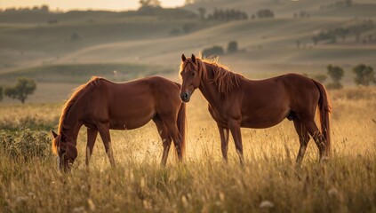 Obraz premium Two chestnut horses grazing calmly in golden evening field under fading sunlight