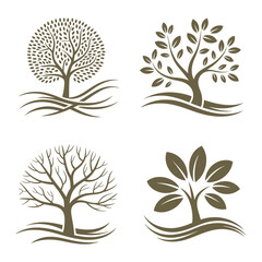 Stylized Trees with Flowing Lines and Leaves – Elegant Nature-Inspired Branches for Botanical Designs, Eco Branding, and Organic Art Projects