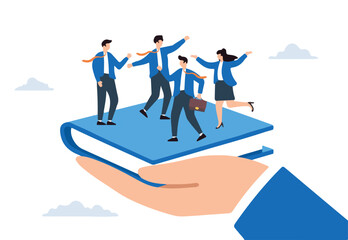 Flat illustration of businessman hand holding handbook with new employees