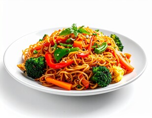 Stir-fried noodles with broccoli, beans, peppers, served on a white plate with a fresh look.
