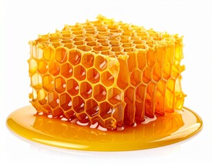 Golden honey drips from a textured honeycomb, captured from a top-down perspective on a clean, isolated white background. A beautiful and organic nature concept.