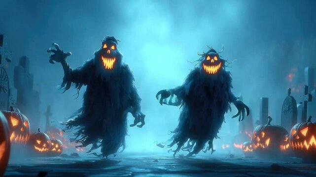 Ghostly Graveyard Gathering: Two spectral figures, glowing with an eerie light, frolic amidst jack-o'-lanterns in a shadowy graveyard setting, a captivating and chilling image of Halloween spirit.