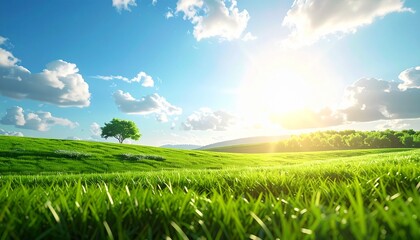 Vibrant green meadow under blue sky with scattered clouds, sunlight shining, peaceful landscape, lone tree, summer vibe, fresh grass.
