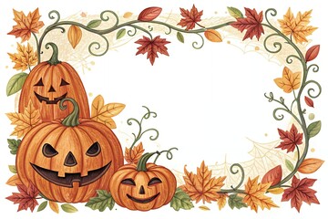 Whimsical halloween jack o lanterns and autumn leaf border frame