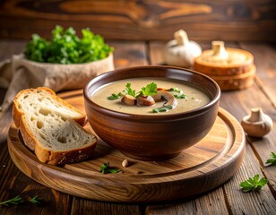 Creamy mushroom soup served in a wooden bowl with fresh parsley garnish.