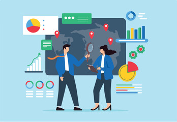 Planning and executing market entry, evaluating opportunities and expansion concept vector illustration. Business analyst analyzing strategy
