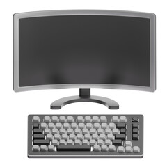 Computer monitor with black screen above silver keyboard. Suitable for techrelated designs and digital concepts in marketing materials.