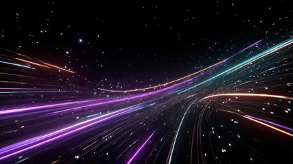 Abstract, colorful neon light streaks speed through space, with scattered sparkles