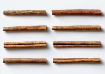 Nine cinnamon sticks arranged in a grid pattern on a plain white background.