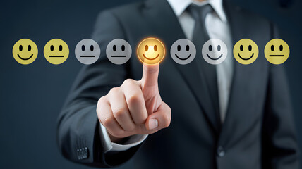 Customer Satisfaction Index: A professional figure, smartly attired in a tailored suit, precisely selects the glowing smiley face with their index finger.