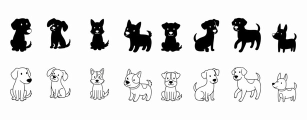 Adorable Dog Breeds Collection: Black Silhouette and Line Art Puppy Icons