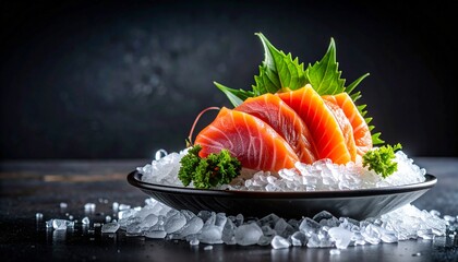 An ultra-realistic, dramatic shot of fresh Japanese sashimi with vibrant salmon and tuna slices served on a bed of ice in a fine dining presentation against a dark background.

