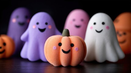 A small orange pumpkin and several pastel-colored ghosts sit on a dark surface, creating a whimsical Halloween scene