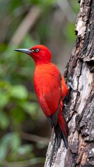 Vivid red woodpecker on tree trunk (1)