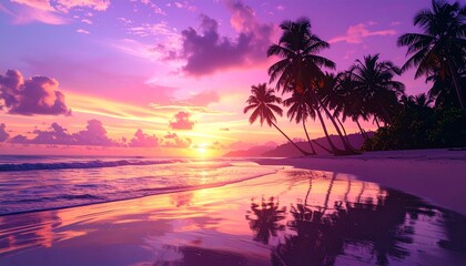 Beautiful tropical beach at purple sunset with palm trees and golden sunlight reflecting on calm waves. A peaceful and dreamy seaside paradise landscape.