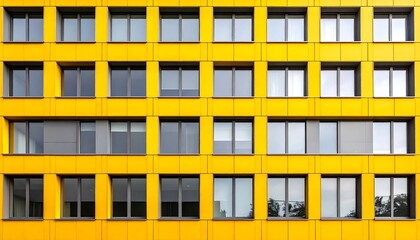 Obraz premium Bright yellow building facade with rows of rectangular windows. Windows reflect the sky and greenery. Some windows are tinted. Sunny and modern architecture
