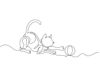 Minimal one line drawing of a playful cat with a ball, abstract vector outline in modern and artistic style for creative design and decoration.