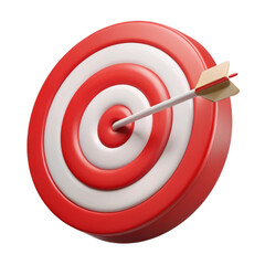 Red and white circular dartboard with an arrow perfectly hitting the bullseye isolated on transparent background
