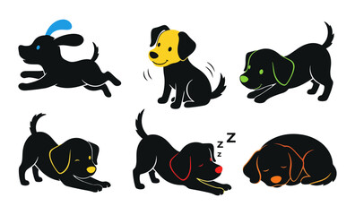 Cute Black Puppy Dog Cartoon Character Collection, Vector Clipart Illustrations of Playful Poses: Running, Playing, and Sleeping