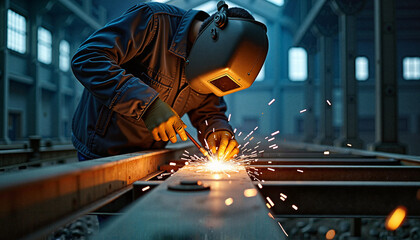 Focused welder in protective gear creating bright sparks while welding large metal beam in dim industrial workshop