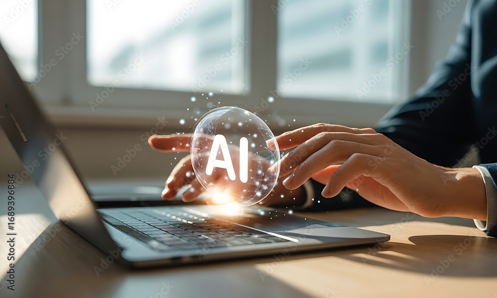 Poster close-up of hands interacting with holographic ai symbol above laptop keyboard, ideal for illustrati