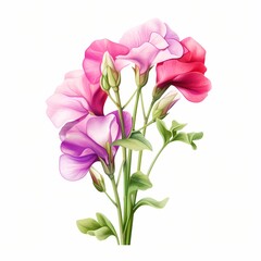 Fototapeta premium The illustration shows a cluster of pink and purple flowers with closed buds and green leaves, set against a white background.