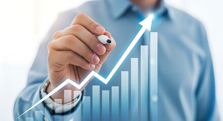 Businessman drawing an upward trending bar graph with a rising arrow, symbolizing growth and success in business and finance