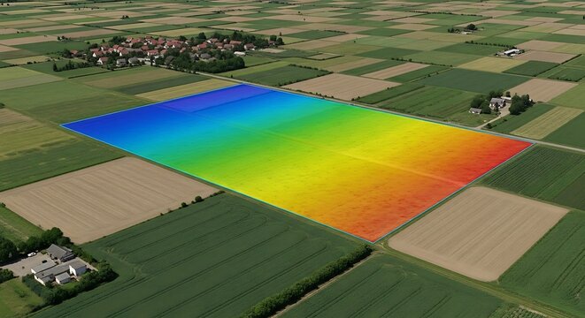 Advanced aerial analysis of a photovoltaic solar farm showing performance data with a colorful thermal map overlay