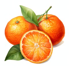 The illustration shows two whole oranges and one orange segment, along with some green leaves, all on a white background.