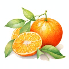 A whole orange and a cross-section of an orange are shown with several green leaves, all on a white background.