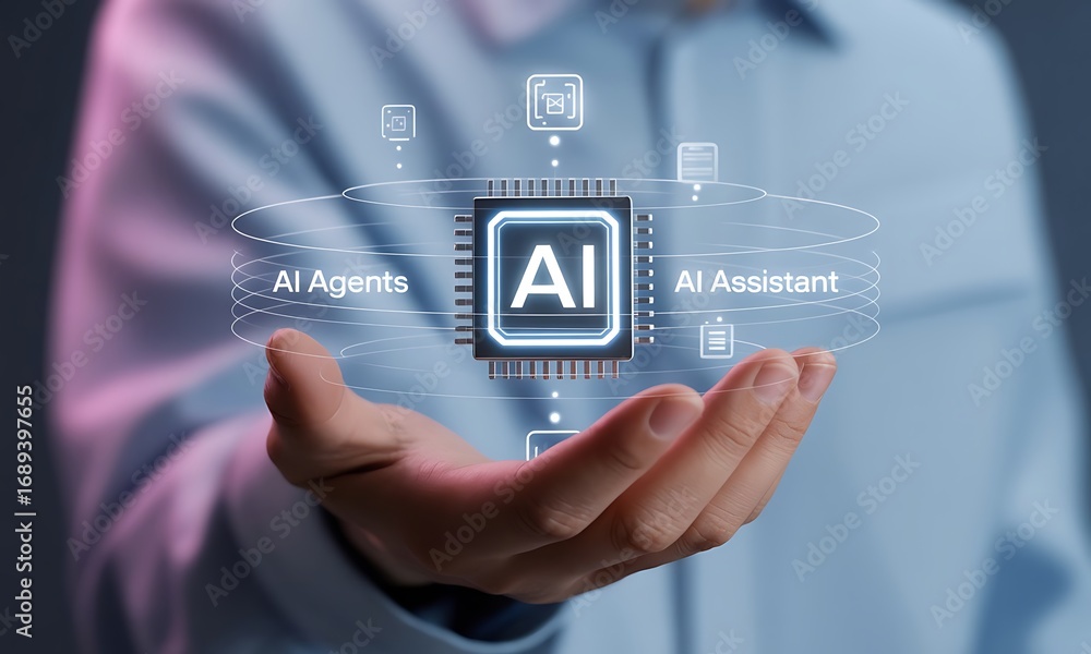 Poster futuristic ai chip interface with virtual assistants and ai agents hovering above hand, ideal for il