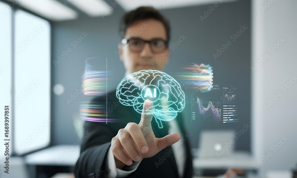 Poster business professional interacting with virtual ai brain interface and data analytics, ideal for illu