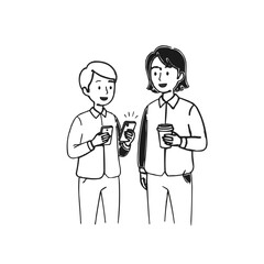 Hand-drawn line art illustration of two people talking and looking at a smartphone during a coffee break