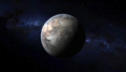 Obraz premium Earth-like planet against a backdrop of distant stars. The planetary surface shows landmasses, suggesting continents, and swirling cloud formations are visible