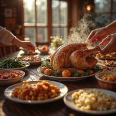 Communal Thanksgiving dinner table with a steaming turkey and various side dishes
