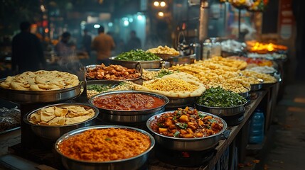 Fototapeta premium Late night gathering with bowls of spicy paaye fresh naan and creamy lassi enjoyed with friends seated around a lively roadside eatery