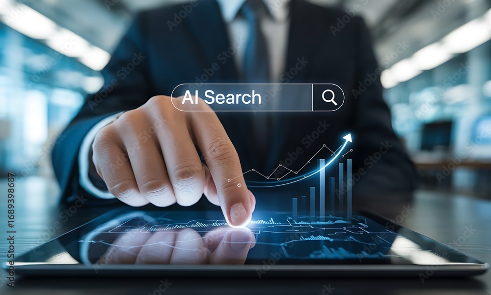 Poster business professional using ai search on digital tablet with rising data analytics chart, ideal for 