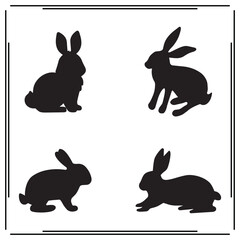 Set of Black Silhouettes of Rabbits: Vector Icons of Hopping and Sitting Bunnies for Animal, Wildlife, and Nature Themes