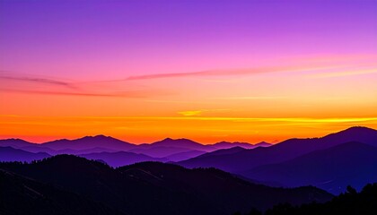 Fototapeta premium Majestic purple sunset over layered mountain silhouettes. A vibrant, serene landscape with a dramatic, colorful sky at dusk. Perfect for travel or background concepts.