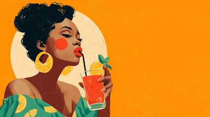 A retro advertising style flat illustration in bold colours of a beautiful black woman enjoying a cocktail, vintage vibes, with copy space for text or design, wide landscape format aspect 25:14