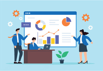 Flat illustration of business people examine market data chart and graph conducting marketing research for product launch