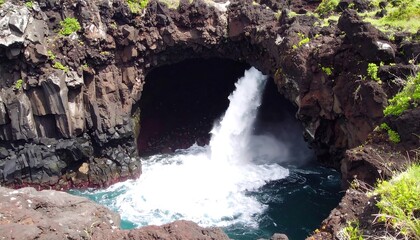 Volcanic cave opening into churning ocean