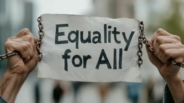 Demonstrators gather in a vibrant setting holding signs advocating for equality. Passionate voices unite, calling for justice and human rights for everyone present