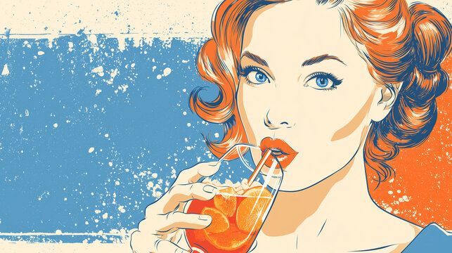 A retro advertising style flat illustration in bold colours of a woman enjoying a cocktail, vintage vibes, with copy space for text or design, wide landscape format aspect 25:14