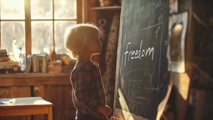 A young child stands before a chalkboard in a warmly lit classroom, writing the word freedom with enthusiasm. The atmosphere promotes the importance of education and human rights for all ages - Powered by Adobe